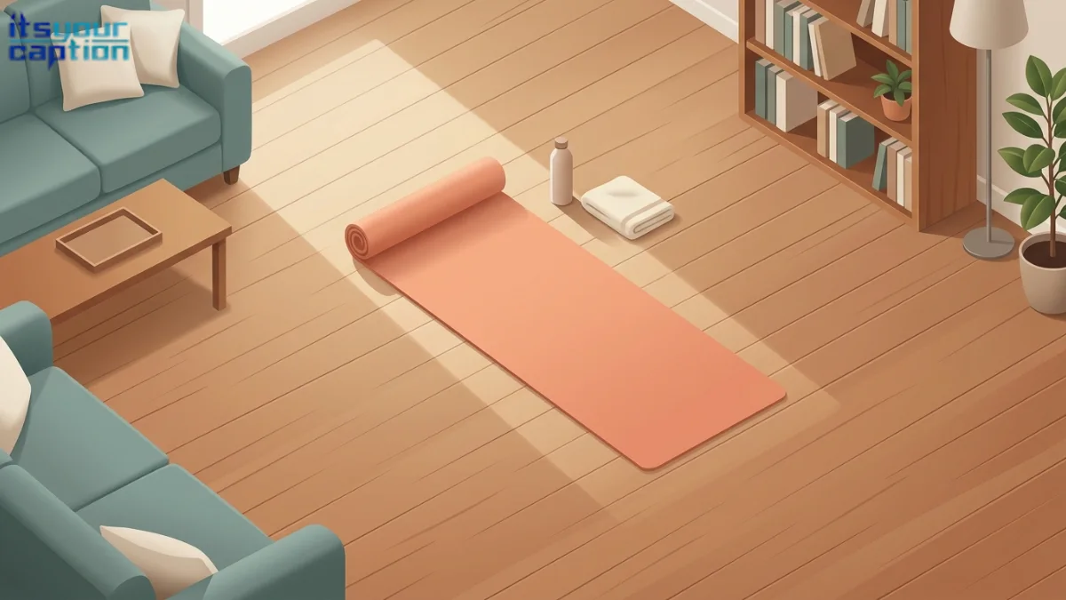 Unrolled mat between a shifted coffee table and bookshelf for mat Pilates captions.