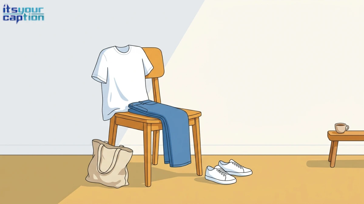 White tee, blue jeans, and clean sneakers beside a tote for casual minimalist outfit captions.