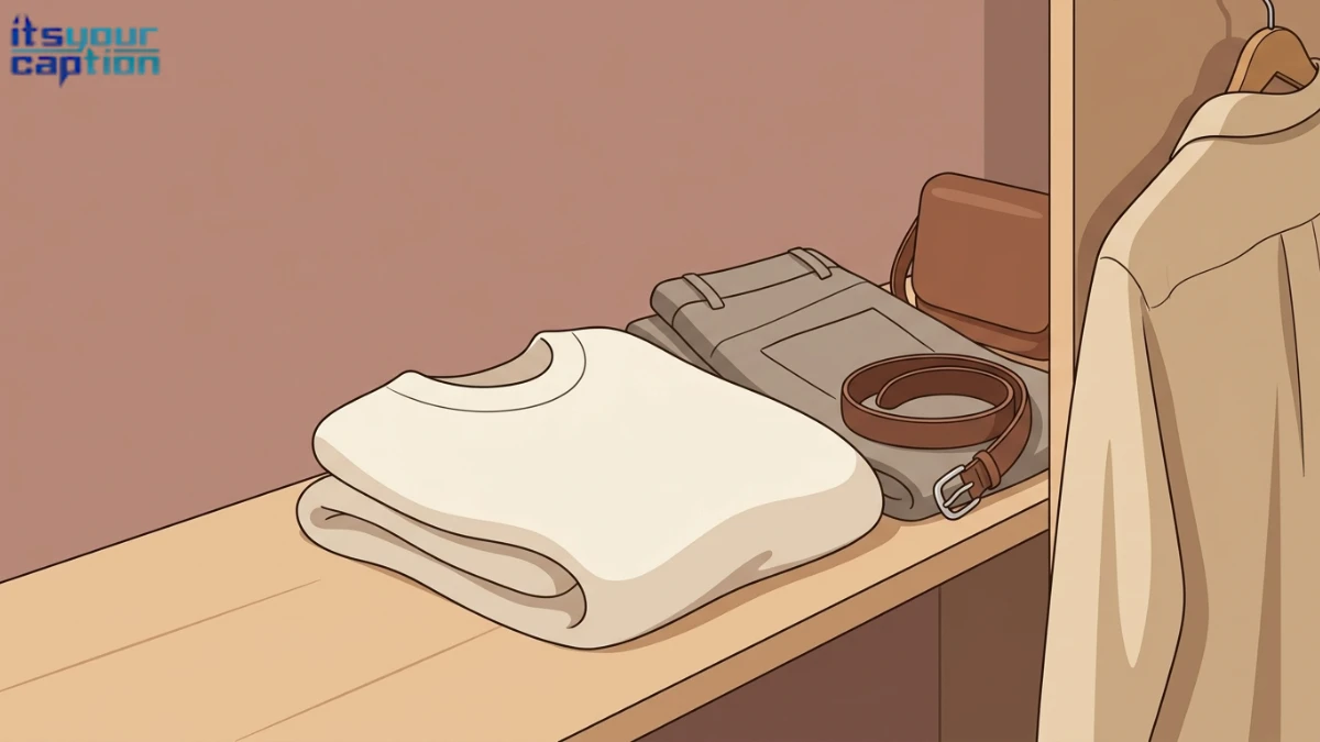 Cream sweater, taupe pants, and brown accessories in artwork for minimalist captions about neutral outfits.