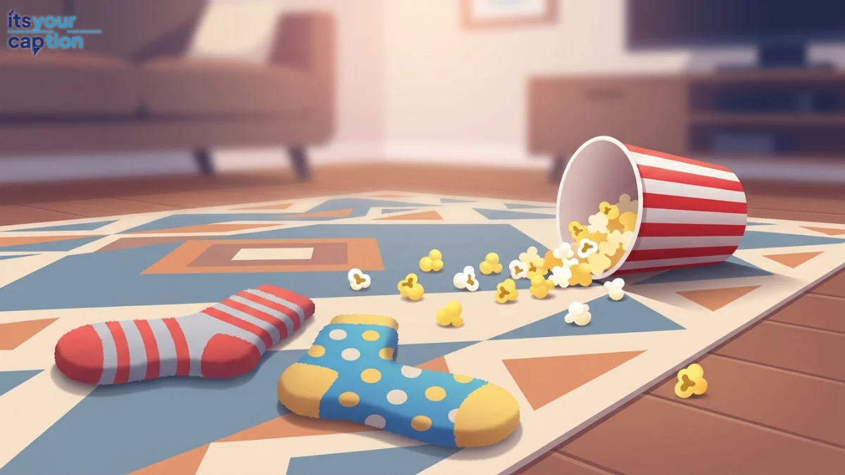 Two pairs of mismatched cozy socks resting on a rug next to a spilled popcorn bucket.