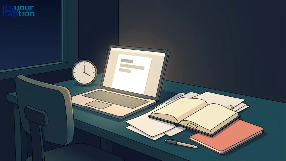 Deadline-panic scene for all-nighter captions with a sparse laptop draft, loose reference pages, and a late-night clock.