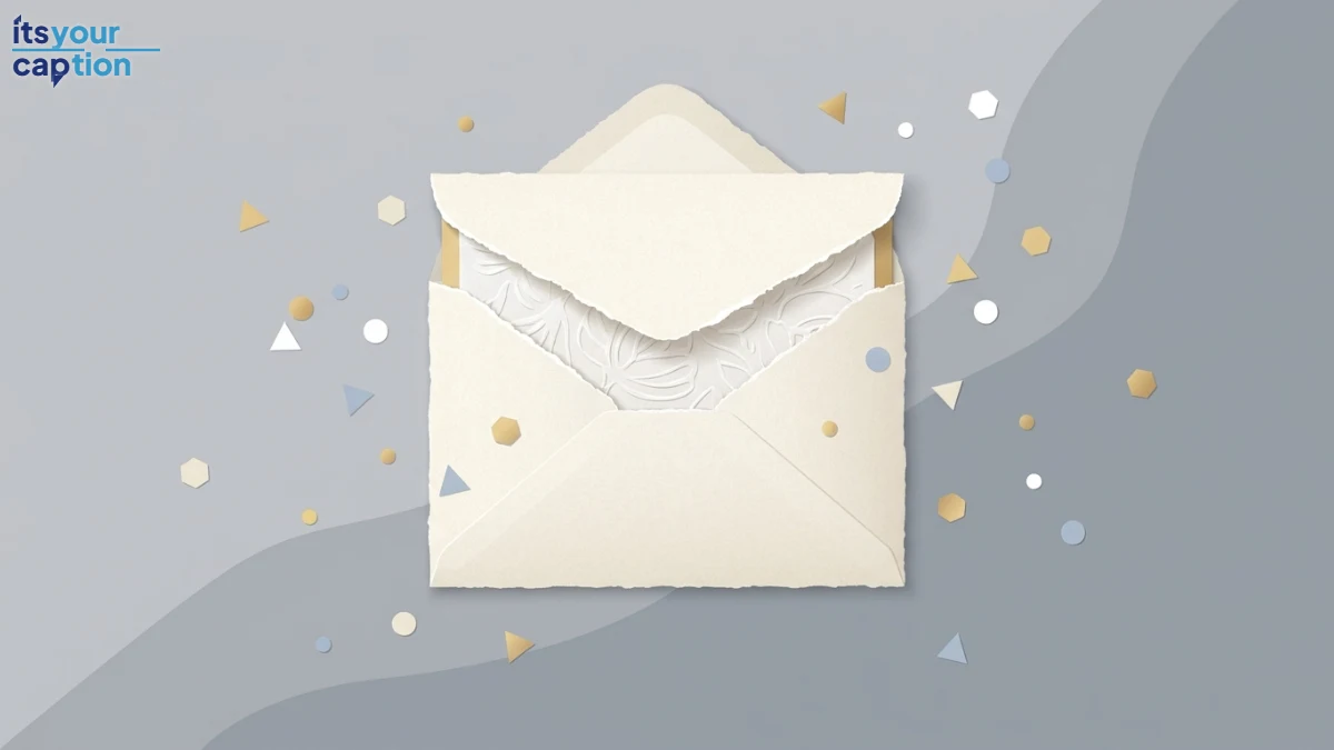 An elegant textured envelope partially open, surrounded by delicate confetti.