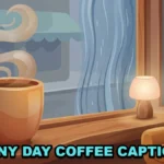 Rainy day coffee captions illustration of a warm mug beside streaked glass in a softly lit room.