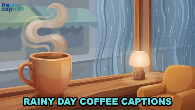 Rainy day coffee captions illustration of a warm mug beside streaked glass in a softly lit room.