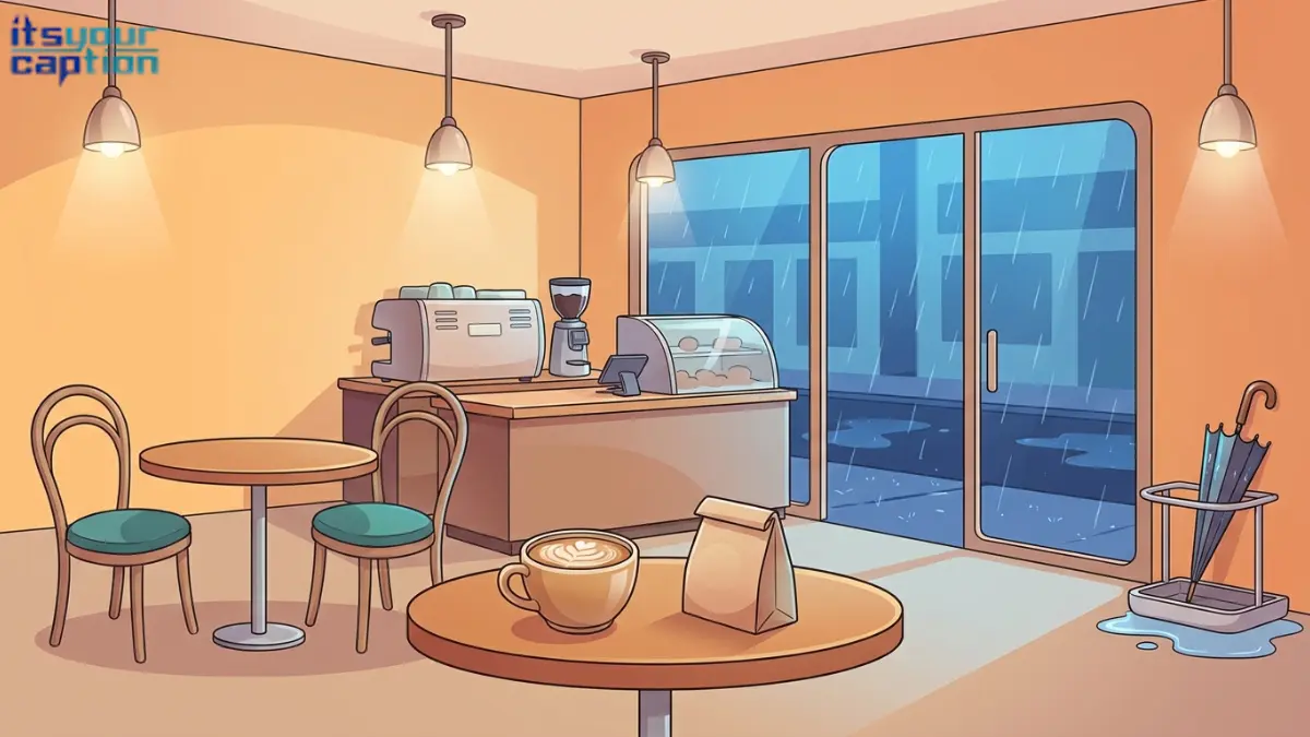 Rainy café captions illustration with lattes, empty tables, and umbrellas drying by the door.