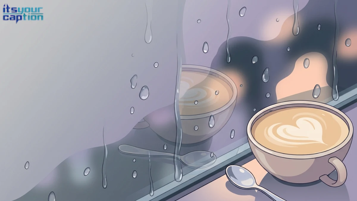 Latte and spoon reflected in rain-streaked glass for rainy window coffee captions.