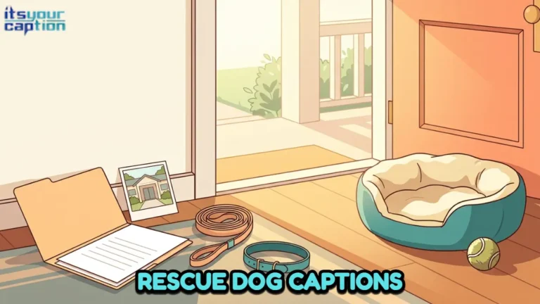 Rescue dog captions illustration with adoption papers, a shelter photo, and a dog resting in a home doorway.