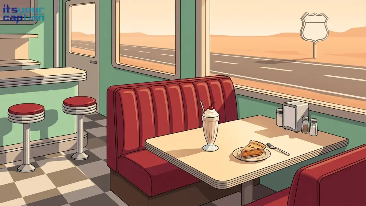 Milkshake and pie in a red diner booth overlooking a blank highway shield, for Route 66 diner captions.