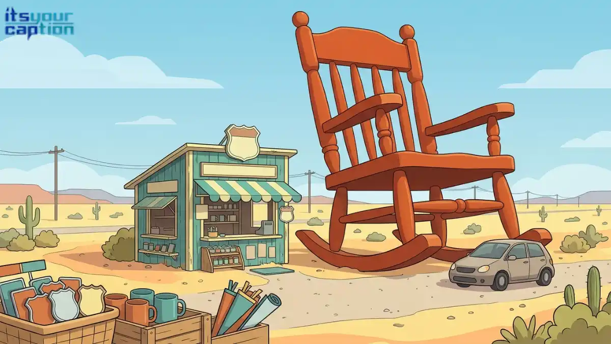 Oversized rocking chair beside a souvenir stand and parked car, illustrated for funny Route 66 captions.