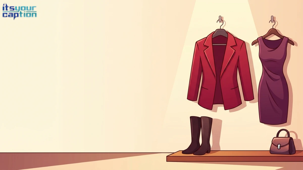 Savage baddie outfit captions artwork with a sharp red jacket, fitted dress, and tall boots against a dressing-room wall.