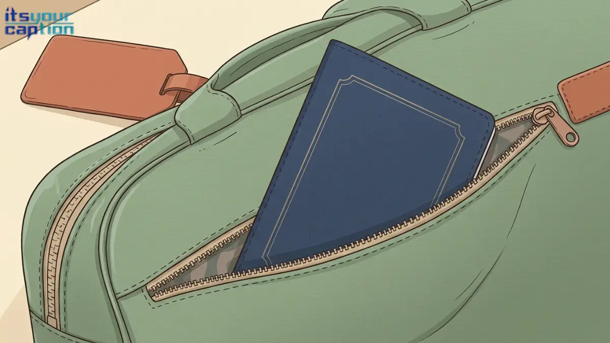 Illustration for short passport captions showing a closed booklet tucked into a travel-bag pocket beside a plain luggage tag.